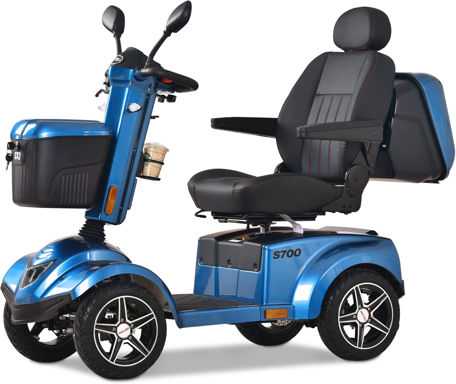 Metro Mobility Compact Travel Electric Powered Mobility Scooter for Adults and Seniors - 300 lbs Max Weight, Foldable, Lightweight, 4 Wheel, Thick Leather Seat, Large Capacity Lead-Acid Battery-Yellow