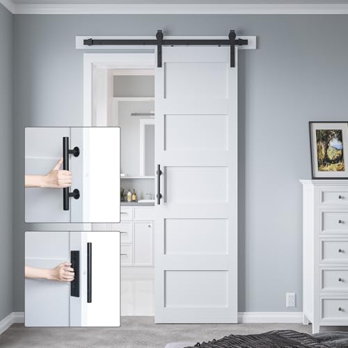 34in x 84in Sliding Barn Door with 6ft Barn Door Hardware Kit & Handle, Pre-Drilled Holes Easy Assembly -Solid Barn Door Slab Covered with Water-Proof PVC Surface, White, 5 Panel