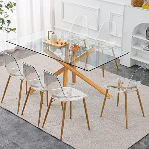 63 Inch Glass Dining Table,4-6 Person Home Dining Table Large Size Kitchen and Dining Room Table with Tempered Glass top and Silver Metal Legs, Modern Rectangular Dining Table (Silver Legs