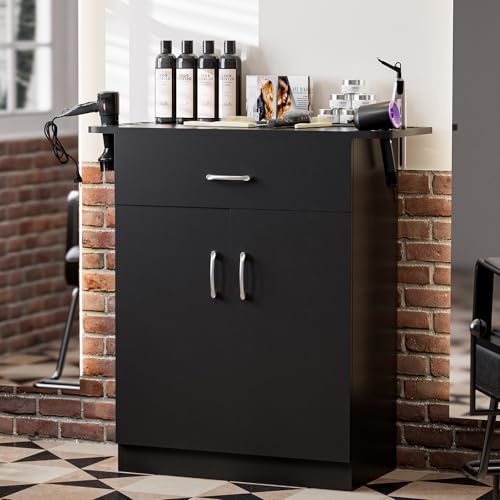 Wall Mount Salon Storage Station Barber Cabinet with Drawer and 2 doors, Hair Stylist Station with 6 Hair Dryer Holders, Beauty Styling Station Organizer Equipment(Black)