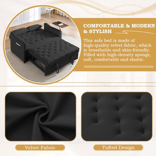 3 in 1 Convertible Sleeper Sofa Couch with Pull Out Bed,53" Velvet Futon Tufted Loveseat with Table&Reclining Back,Comfy 2 Seater Lounge Sofa for RV,Living Room,Bedroom,Small Space(Grey)