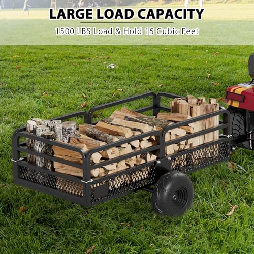 ATV Trailer Steel Dump Cart, Heavy Duty Carts with Wheels 1500lbs 15 cu. ft Capacity Utility Trailer Yard Garden Trailer W/Support feet & Removable Sides for Tractors, ATV, UTV, Lawn Mowers