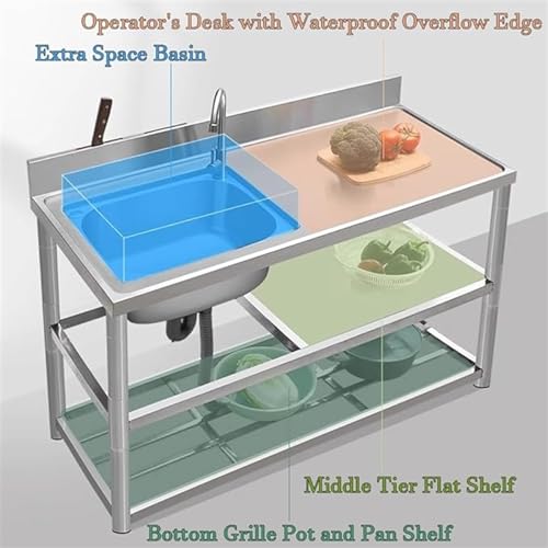 WAZHOU Free Standing Stainless Steel Utility Sink Kitchen Commercial Sink for Laundry Room with Backsplash, Strainer,Hot & Cold Water Faucet,5 Sizes Industrial Sink for Restraunt, Bar, Store