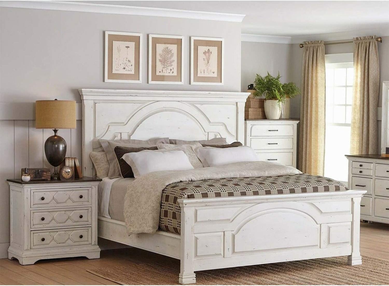 1 Piece Vintage White Style Rustic Farmhouse King Size Bed Bedroom Bedding Furniture Pine Wood Hardwood 85.75" W x 86.75" D x 70" H of Set