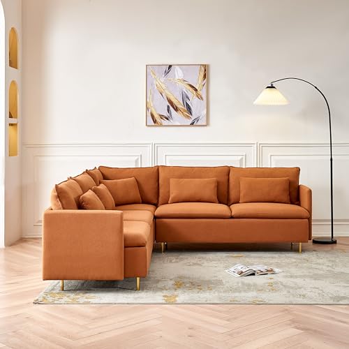 L Shaped Sectional Couch Sofa, 5 Seat Sofas with 5 Waist Pillow, Mid Century Modern Sectional Couches for Living Room, Small Apartments and Office (Beige)