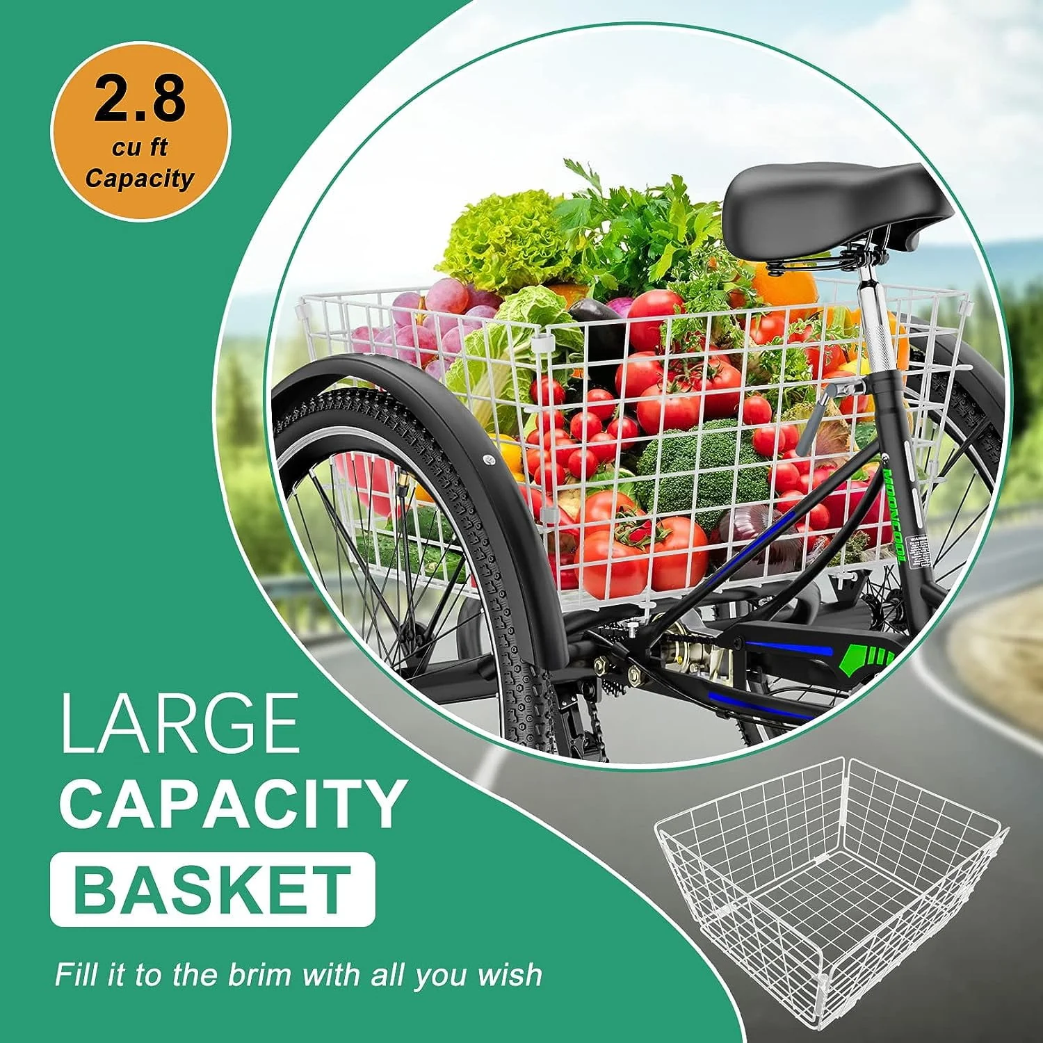 FICISOG 26 Adult Tricycle, 3 Wheel 7 Speed Bikes,450lbs Capacity Cruise Trike with Shopping Basket