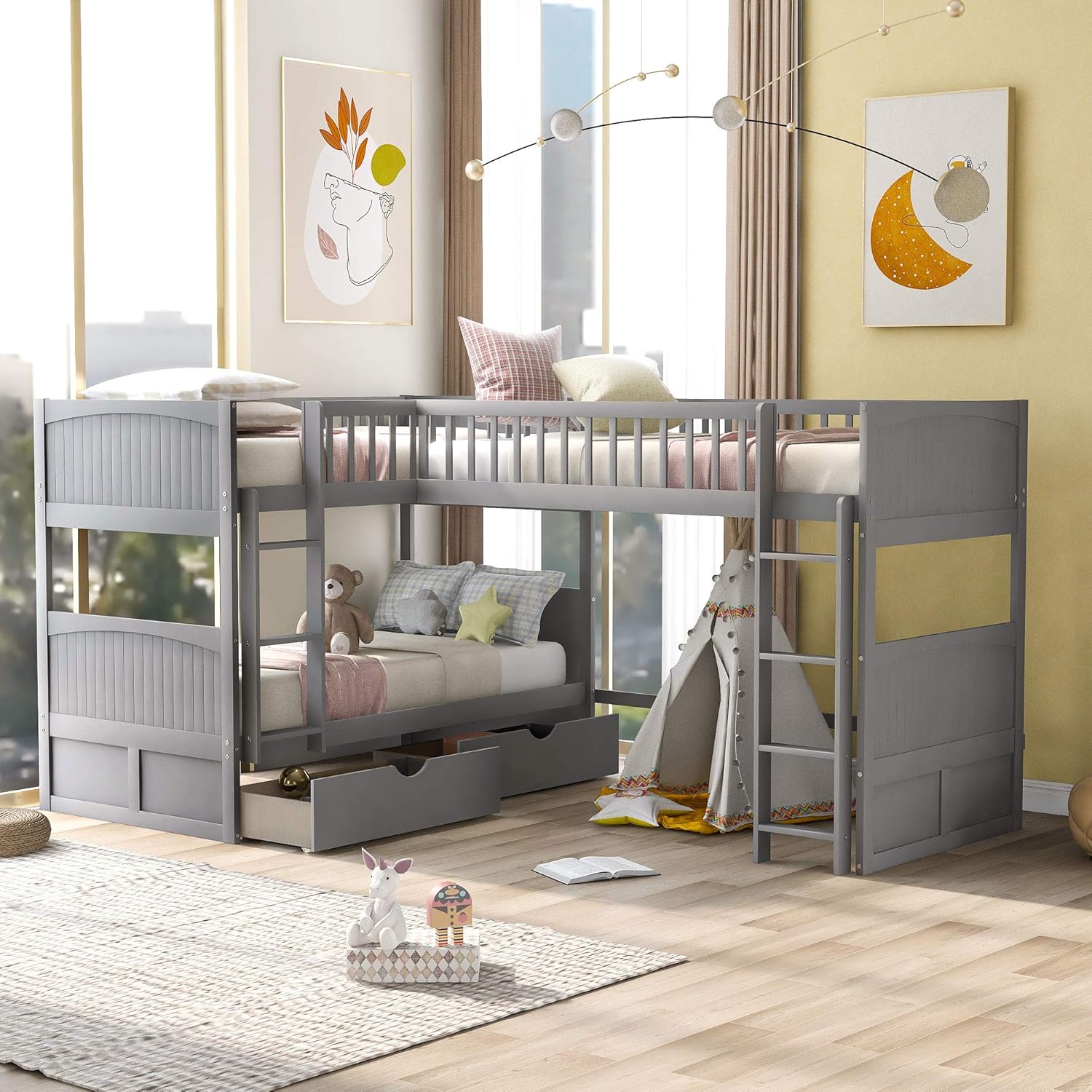 Twin over Twin L-Shaped Triple Bunk Beds with 2 Storage Drawers and 2 Ladders, Wooden Bunk Beds with a Loft Attached for 3 Kids Teens, Gray