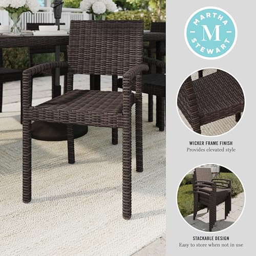 Martha Stewart Bedford Indoor-Outdoor Stackable Patio Armchairs with Rattan Wicker Finish in Brown, Set of 2