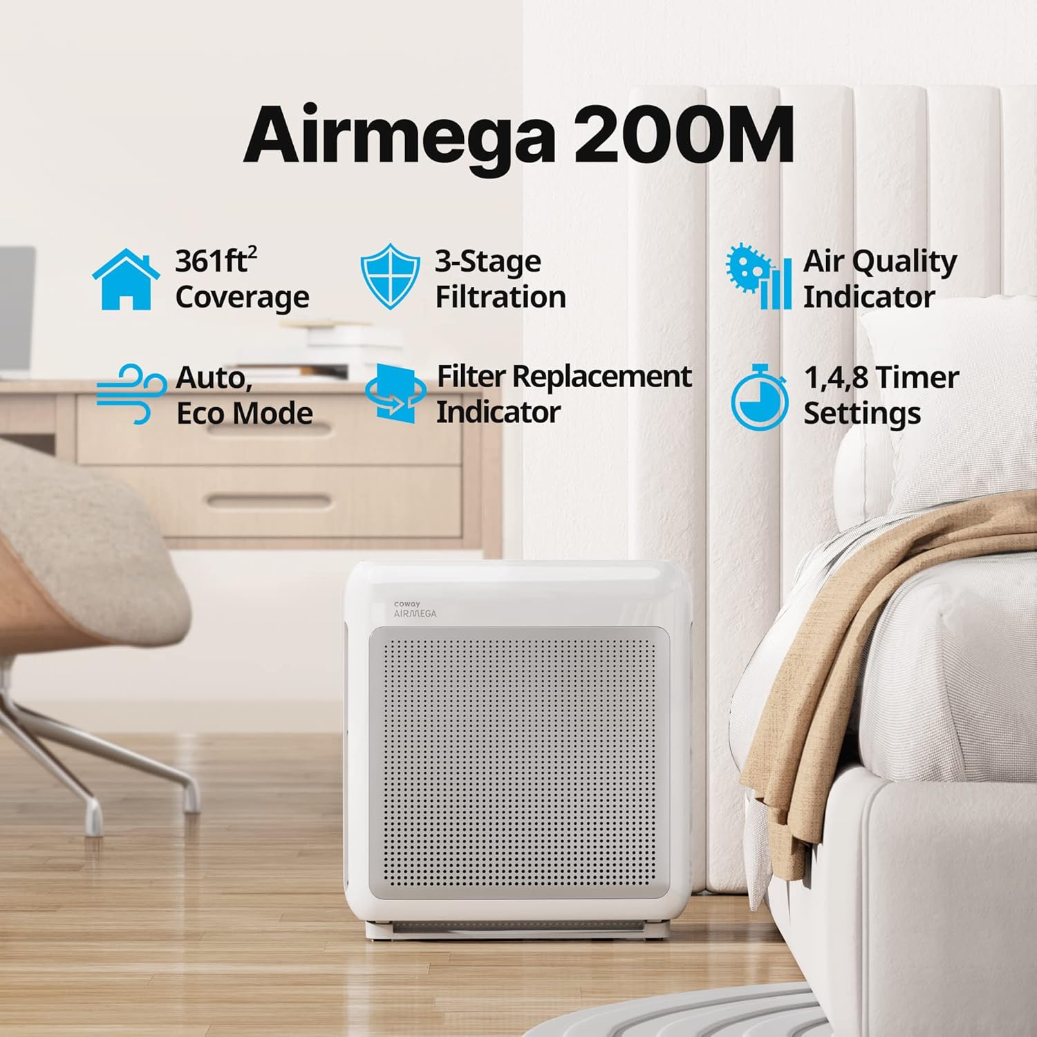 Coway Airmega AP-1512HH True HEPA Air Purifier with Air Quality Monitoring, Auto Mode, Timer, Filter Indicator, Eco Mode & Airmega 200M True HEPA and Activated-Carbon Air Purifier, AP-1518R - White