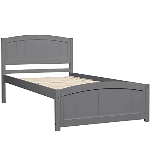Harper & Bright Designs Twin Platform Bed Wood Bed Frame with Headboard and Footboard, Twin bed with Wood Slat Support, No Box-Spring Needed (New, Grey)