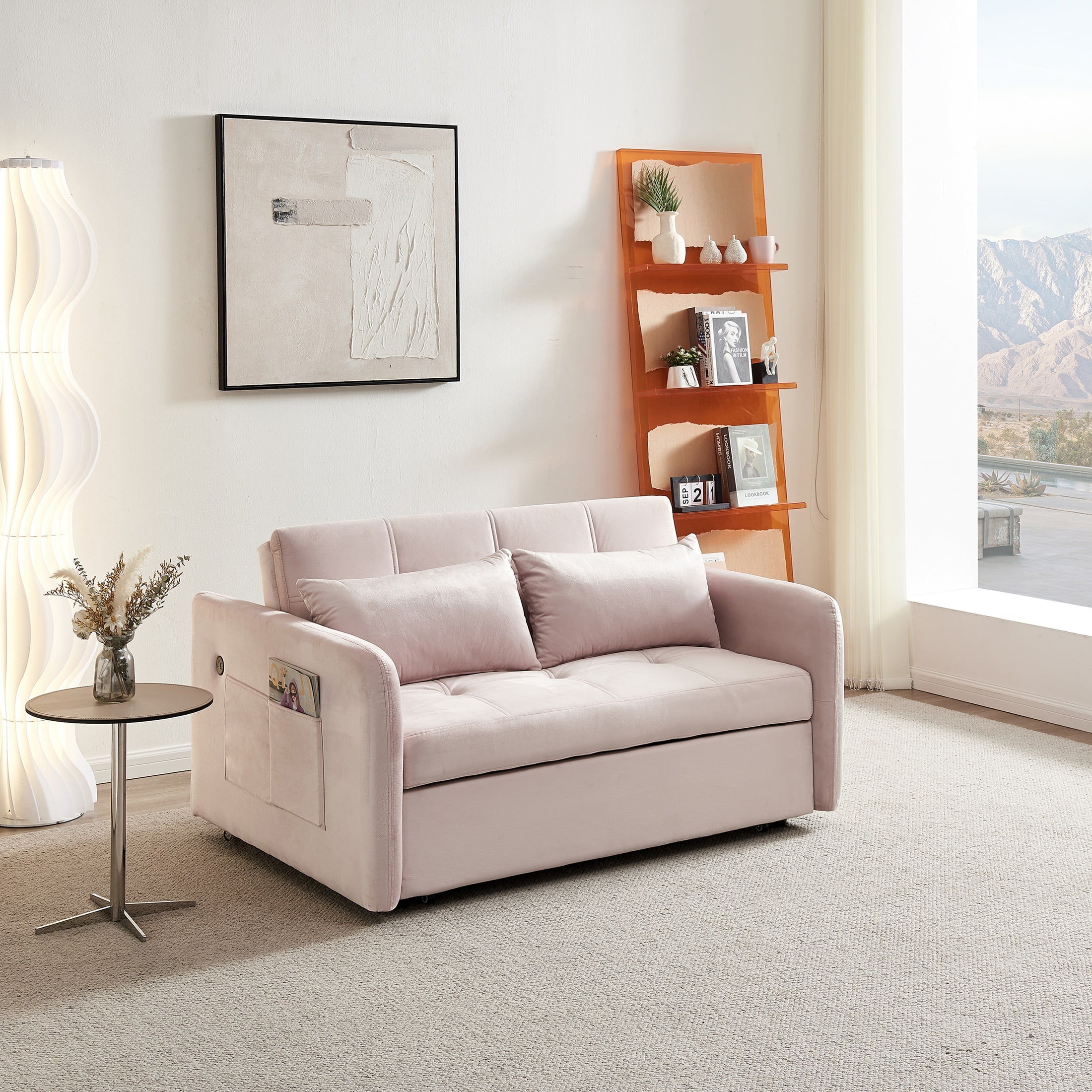 Noodeniya Convertible Sleeper Pull Out Sofa Bed with USB Port and Side Pockets, Velvet Loveseat Sofa Couch, Modern Sofa Bed for Small Space, Pink