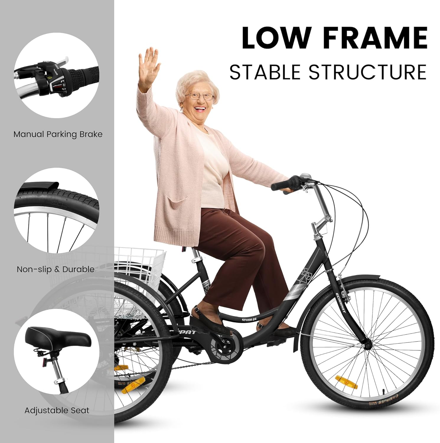 Adult Tricycles 7 Speed,Three-Wheeled Bicycles,Cargo Tricycle with Large Shopping Basket,Adult Cruise Trike 24 inch 3 Wheel Bikes for Seniors,Women,Men,Black