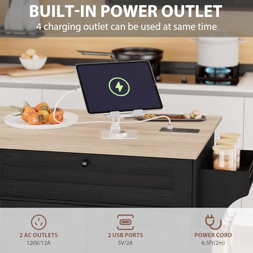 Kitchen Island on Wheels with Storage and Power Outlet, Kitchen Island with Trash Can Storage Cabinet and Drop Leaf, with Spice Rack & Towel Rack, Rolling Island Cart for Kitchens (Black)