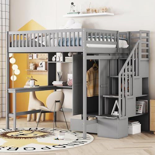 Full Size Loft Bed with Wardrobe Desk Storage Stairs, Wood Loft Bed Frame with Bookcase and Drawers, High Loft Bedframe for Kids Teens Adults, No Box Spring Needed, Espresso