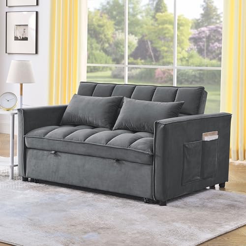 3 in 1 Convertible Sleeper Sofa Bed,Futon Loveseat Couch with Pull-Out Bed & Adjustable Backrest,Velvet Fabric Sofa with Side Pocket for Small Apartment, Living Room, Office (Black)