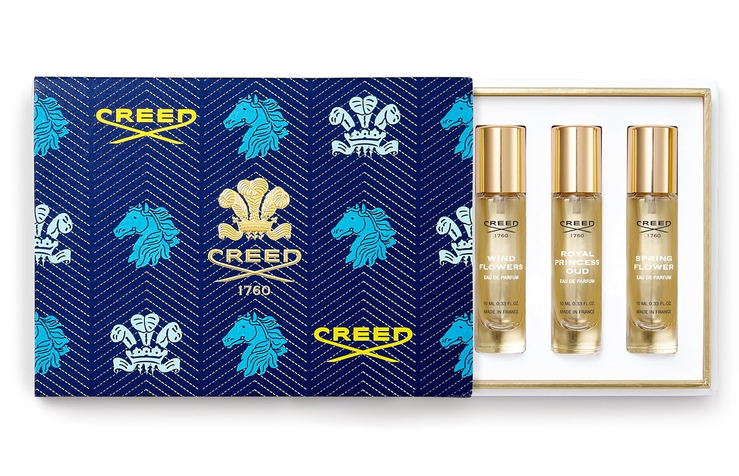Creed Women's Holiday Gift Coffret Set, Features 5 Signature Perfume Scents of Aventus for Her, Wind Flowers, Love in White, Royal Princess Oud and Spring Flower, 5 x 10ml