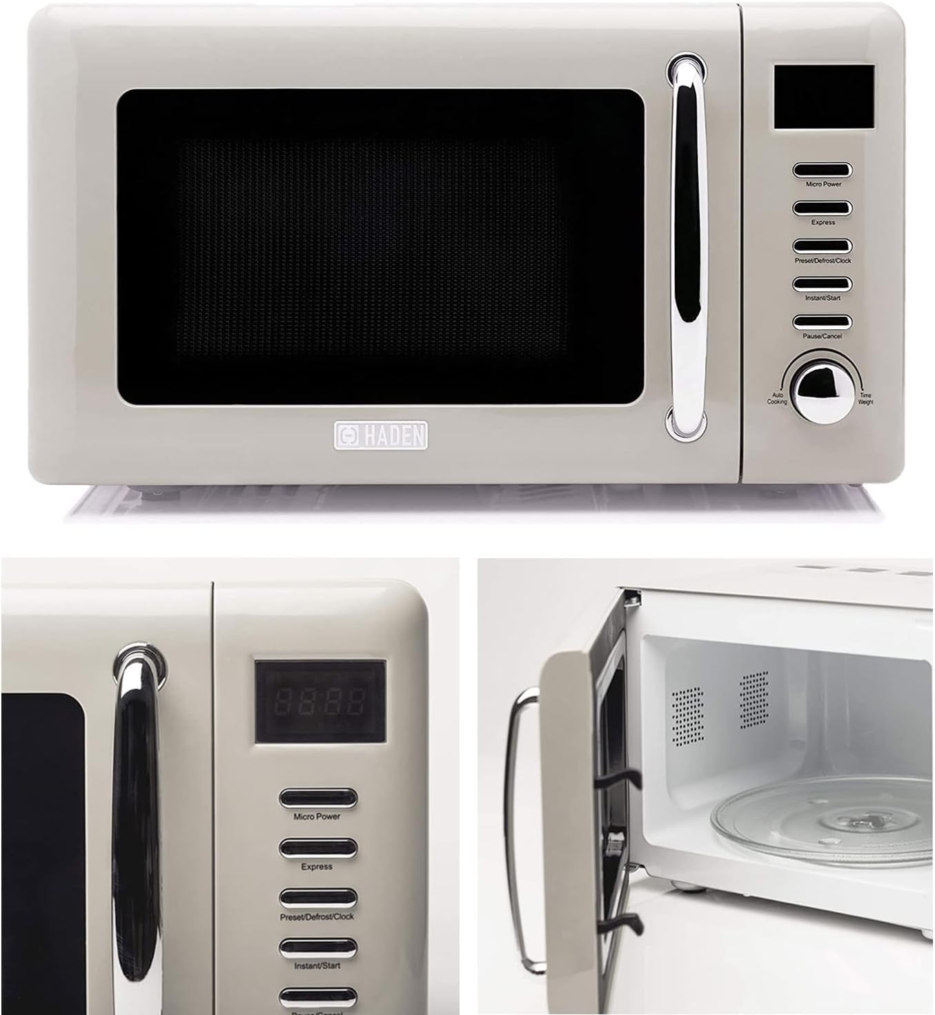 Haden Retro Style Stainless Steel Dorset Toaster, Electric Kettle, 12 Cup Coffee Maker, and 0.7 Cubic Foot Microwave Appliance Set, Putty Beige