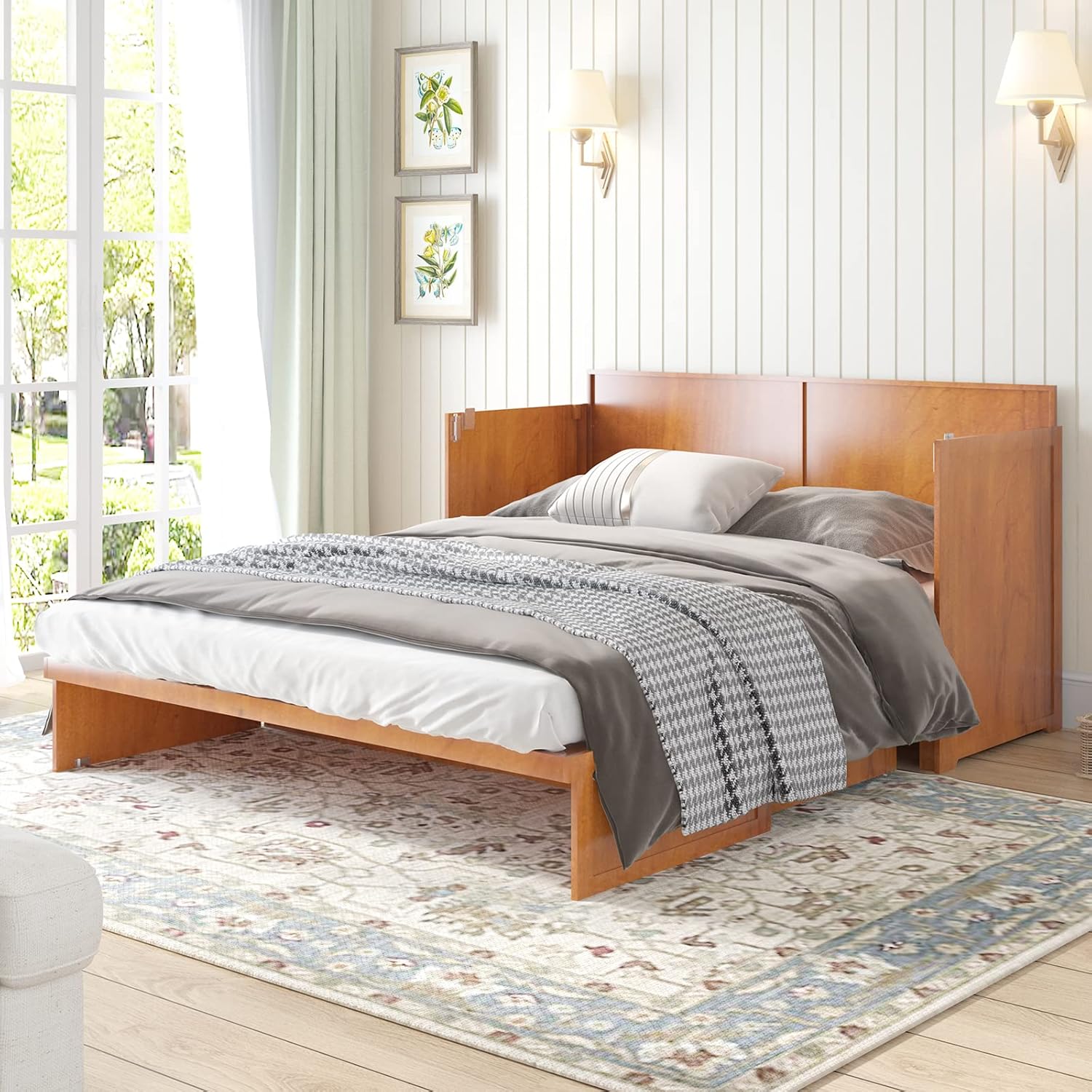 Multifunctional Murphy Cabinet Bed with Built-in USB Power Strip& 2 Drawers, Foldable Platform Bed - Cherry