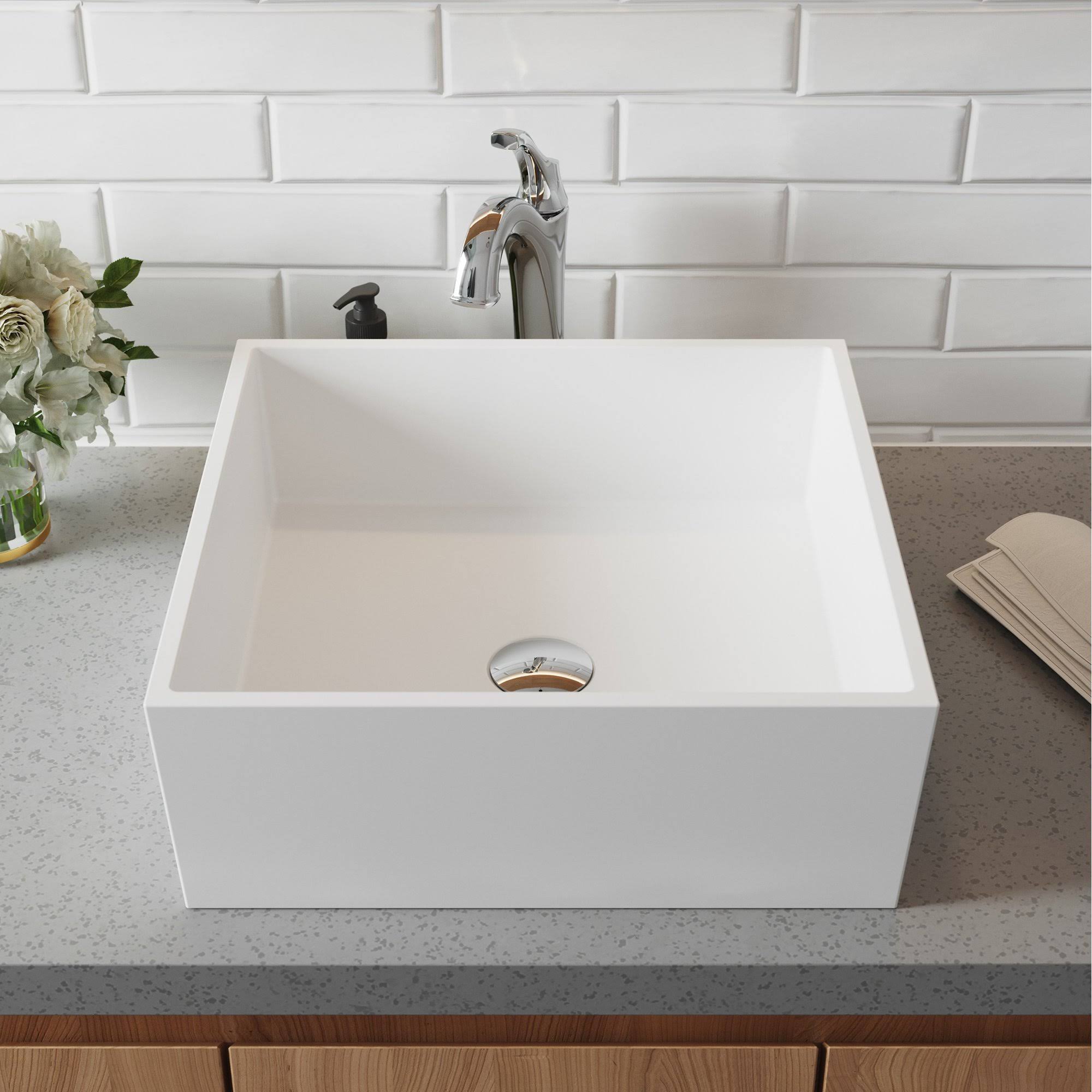 Kraus C-KSV-5MW-1200SFS Natura Series 16 4/5x22 White Matte Solid Surface Square Bathroom Vessel Sink and Spot Free Arlo Faucet