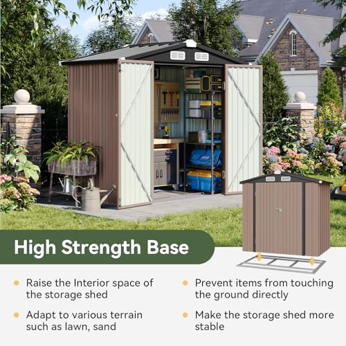 Aoxun 6x3.9 FT Shed with Base Metal Outdoor Storage Shed Garden Shed with Lockable Doors Tool Shed Bike Shed for Backyard, Patio, Poolside (Brown)