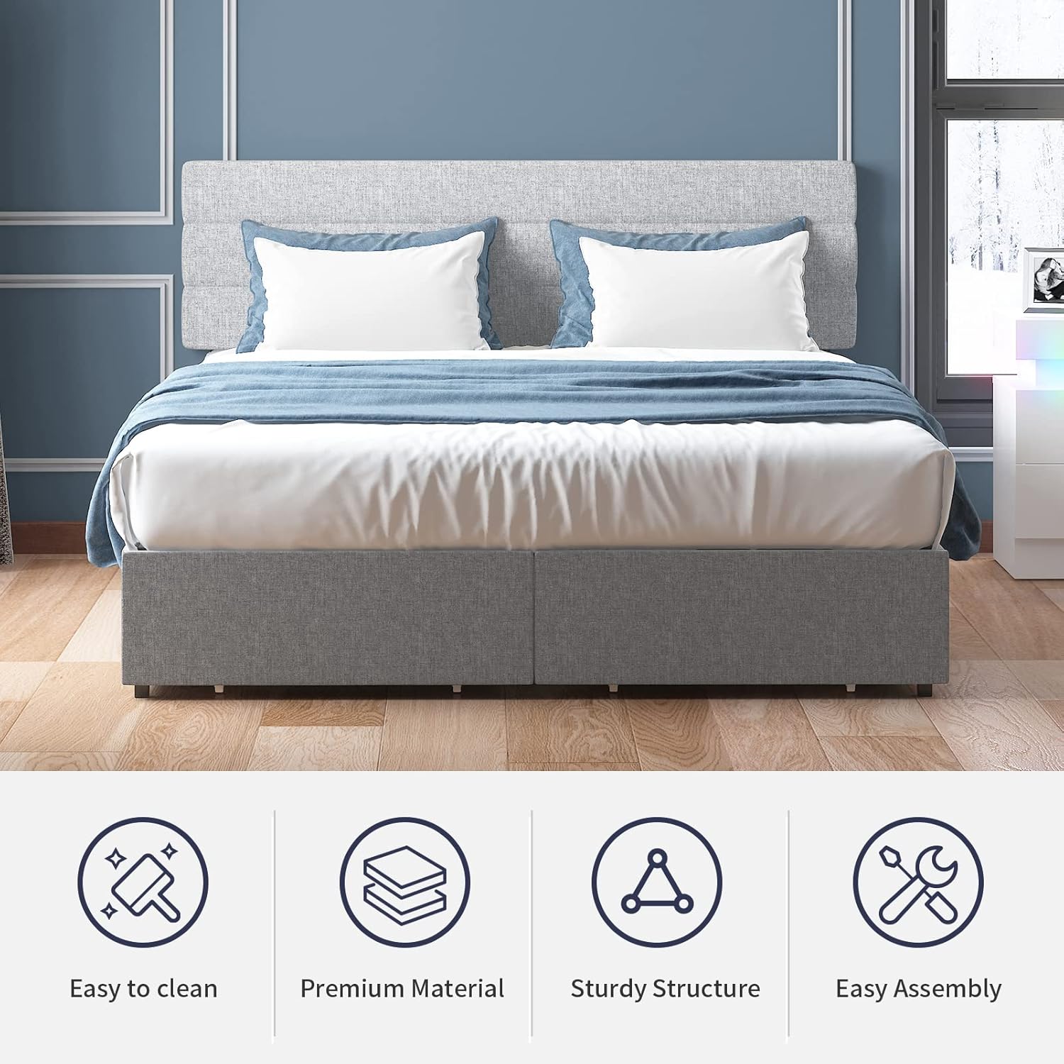 King Bed Frame with 2 Storage Drawers,Platform King Size Bed Frame with Linen Adjustable Headboard,Wooden Slats Mattress Foundation,No Box Spring Needed,Easy Assembly,Light Grey