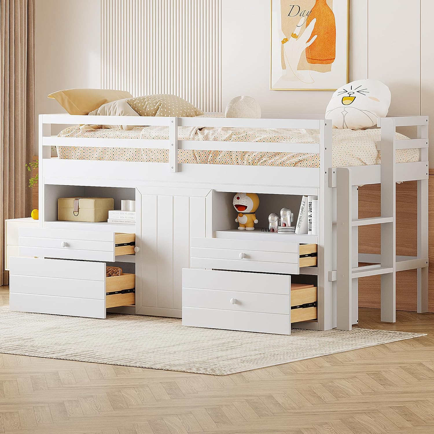 Twin Size Kids Loft Bed with Storage Underneath, Wooden Low Loftbed Frame with 4 Drawers, Cabinet, Shelves and Ladder, Space Saving Bedframe for Boys Girls Teens, White