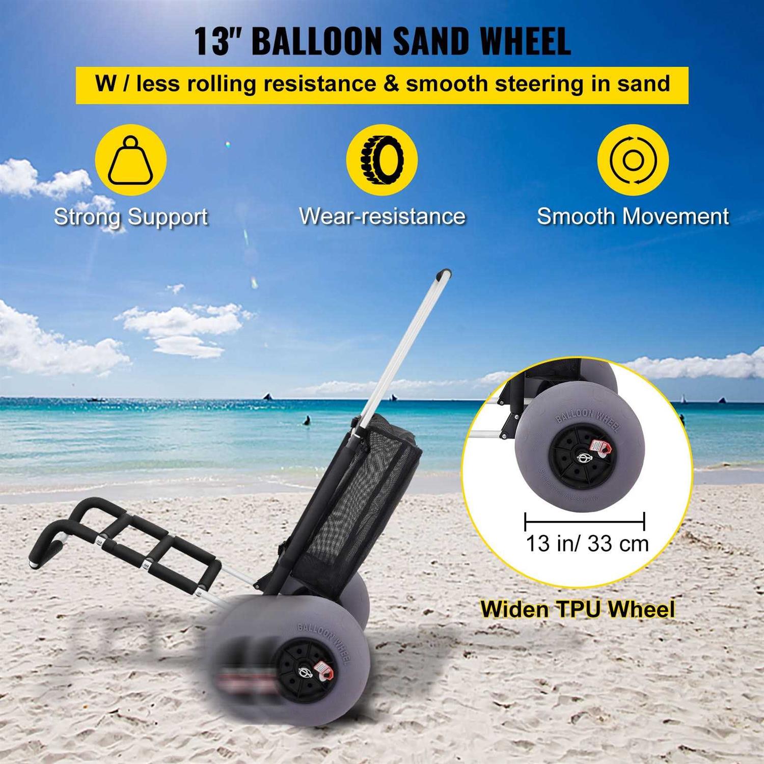 VEVOR Beach Cart Beach Wagon for Sand TPU 58.4 x 38.1cm Deck with Balloon Wheel