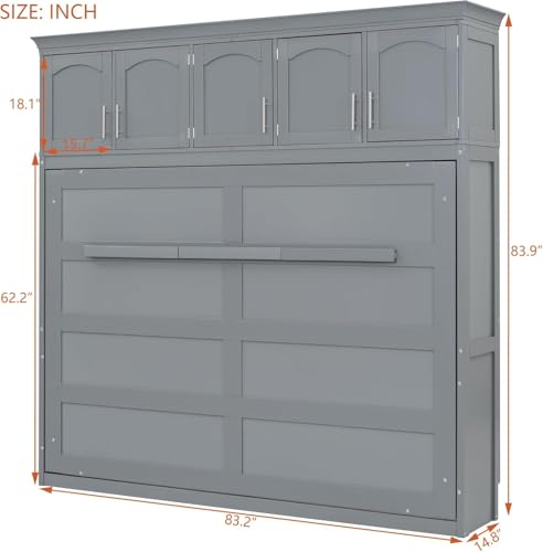MERITLINE Queen Horizontal Murphy Bed Cabinet with Storage Bookcase Shelves and Charging Station,Wood Folding Grey Murphy Wall Bed for Adult