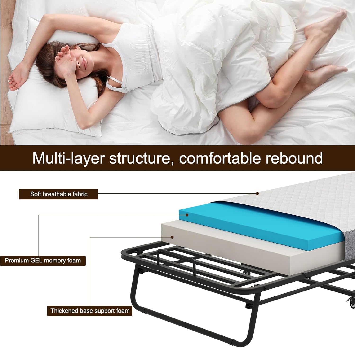 75x38 Twin Size Bed Frame - Portable Foldable Roll Away Adult Bed for Guest with Twin Memory Foam, Space Saving Fold Up Bed for Easy Storage
