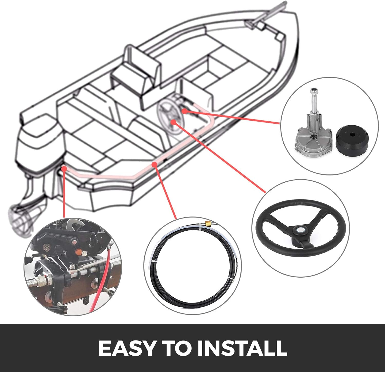 Bestauto Outboard Steering System 10' Boat Steering Cable 10 Feet Marine Steering System 3/4'' Shaft with 13.5 Inch Wheel for Yachts and Waterborne Vehicles