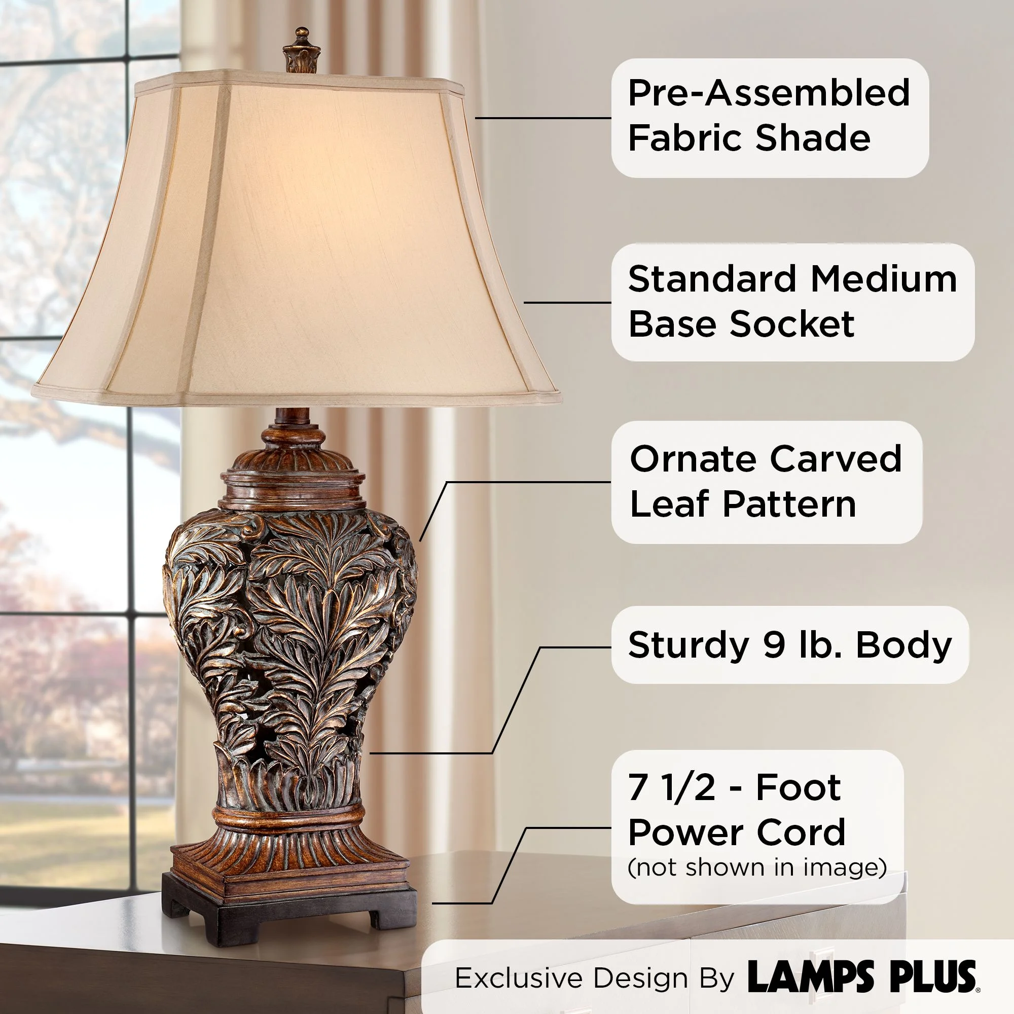 Barnes and Ivy Traditional Table Lamps 32.5" Tall Set of 2 Bronze Curling Leaves Tan Rectangular Shade for Living Room Family Bedroom Bedside