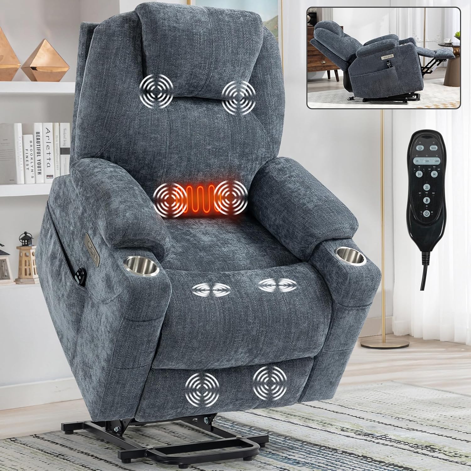 Chenille Power Lift Recliner Chair,Heavy Duty Motion Mechanism with 8-Point Vibration/3 Modes Massage/Lumbar Heating/USB/Type-C Ports/Stainless Steel Cup Holders,for Elderly,Blue, 35.43" D