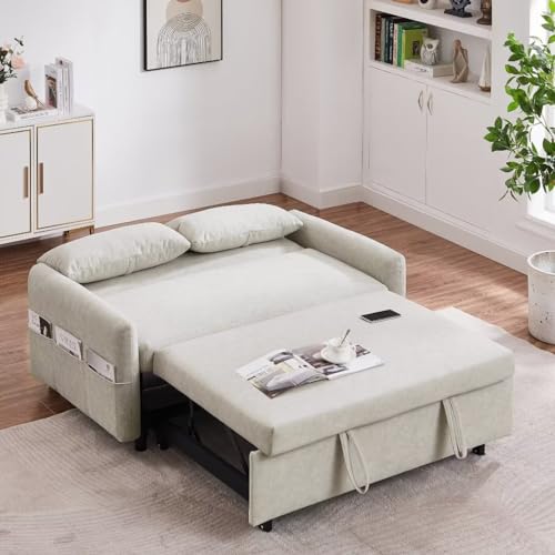 55.1" Pull Out Sleep Sofa Bed Loveseats Sofa Couch with Adjsutable Backrest, Storage Pockets, 2 Soft Pillows, w USB Port/Pull Out Bed, Bedroom, Apartment, Office