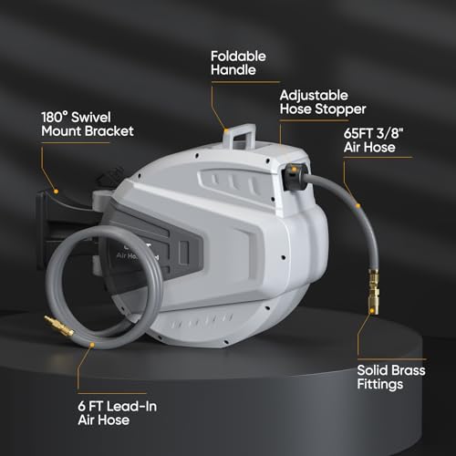 Retractable Air Hose Reel, 3/8 in x 65 Ft Heavy Duty Air Compressor Hose Reel with 180° Swivel Mount, Enclosed Auto-Rewind Hybrid Air Hose Reels Any Length Lock for Workshop Garage, 300 PSI