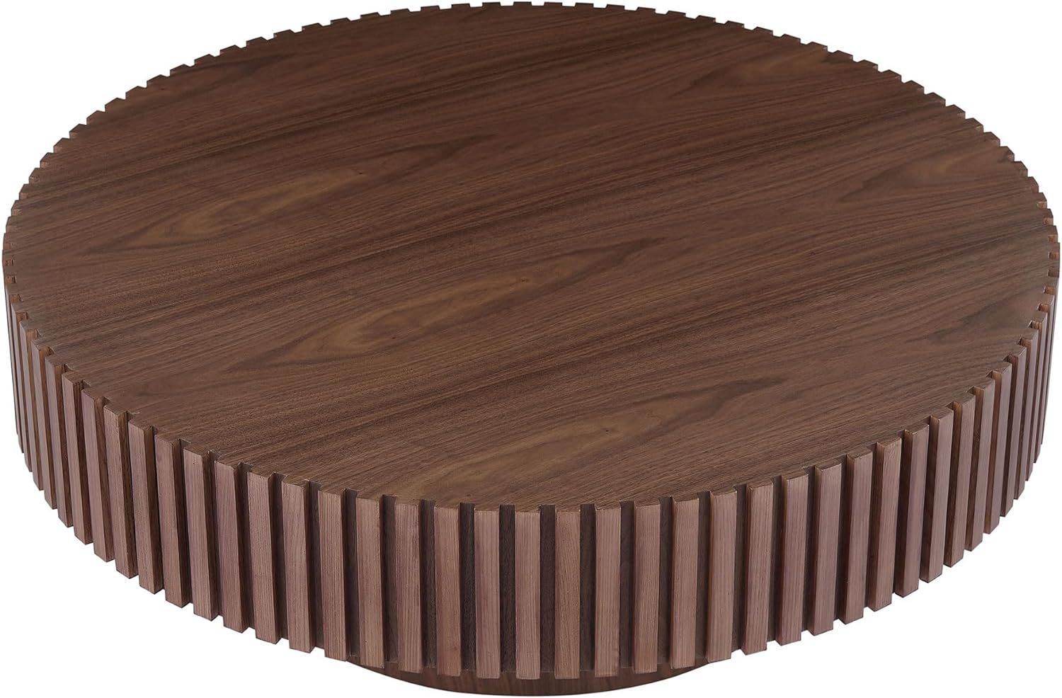 Fluted Coffee Table - Round Coffee Tables with Vertical Texture Relief Design, Contemporary Coffee Table with Cylindrical Sturdy Pedestal, Pedestal Coffee Table for Living Room (Walnut, 31.49'')