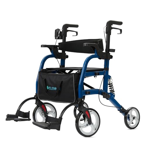 ELENKER 2 in 1 Rollator Walker & Transport Chair for Seniors, Folding Rolling Walker Wheelchair Combo with Wide Seat and Shock Absorber, Red