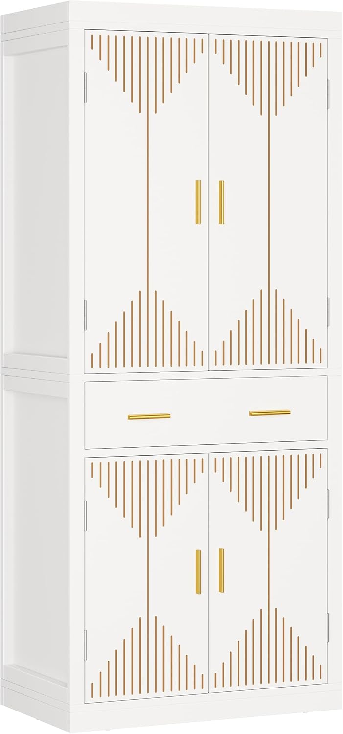 YITAHOME Pantry Cabinet, 72" Tall Kitchen Cabinet with Carved Design Doors, Modern Freestanding Tall Cupboard Storage Cabinet with a Drawer ＆ Adjustable Shelves for Kitchen, Living Room, White