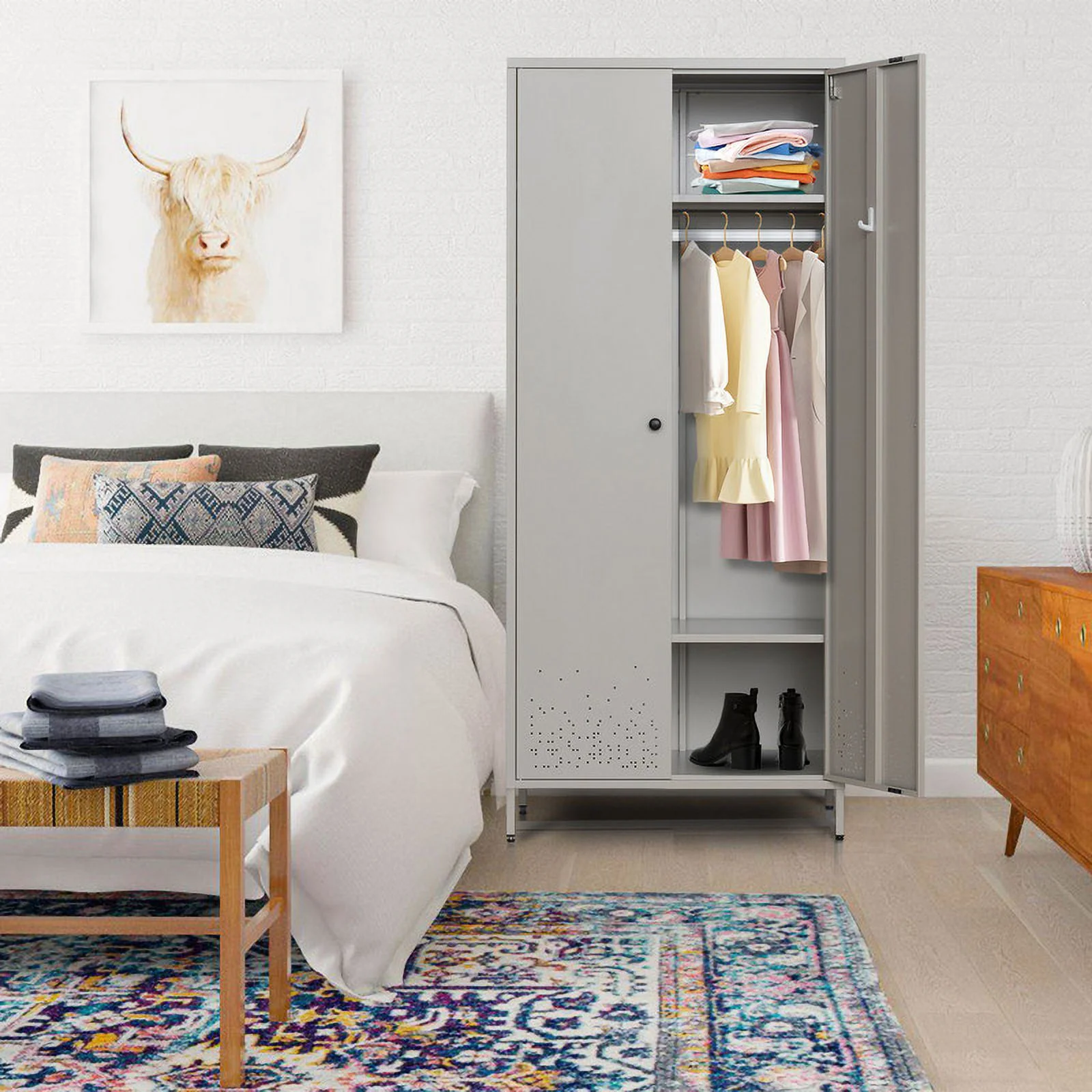 CJF Metal Storage Wardrobe Cabinet Metal Wardrobe Armoire Closet with Adjustable Hanging Rod for Bedroom, Laundry Room (Gray)