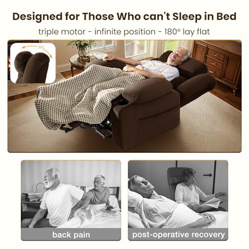 Power Lift Recliner Chair for Elderly - Triple Motor Lift Chairs - Infinite Position Adjust - Power Headrest - Heated & Massage - Lift Assist & 180° Lay Flat - Soft Plush Flannel (Grey)