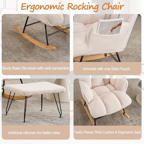 Rocking Chair Nursery, Teddy Upholstered Glider Rocker with High Backrest, Reading Chair Modern Rocking Accent Chairs,Glider Chair with Ottoman for Bedroom, Nursing, Living Room(White)