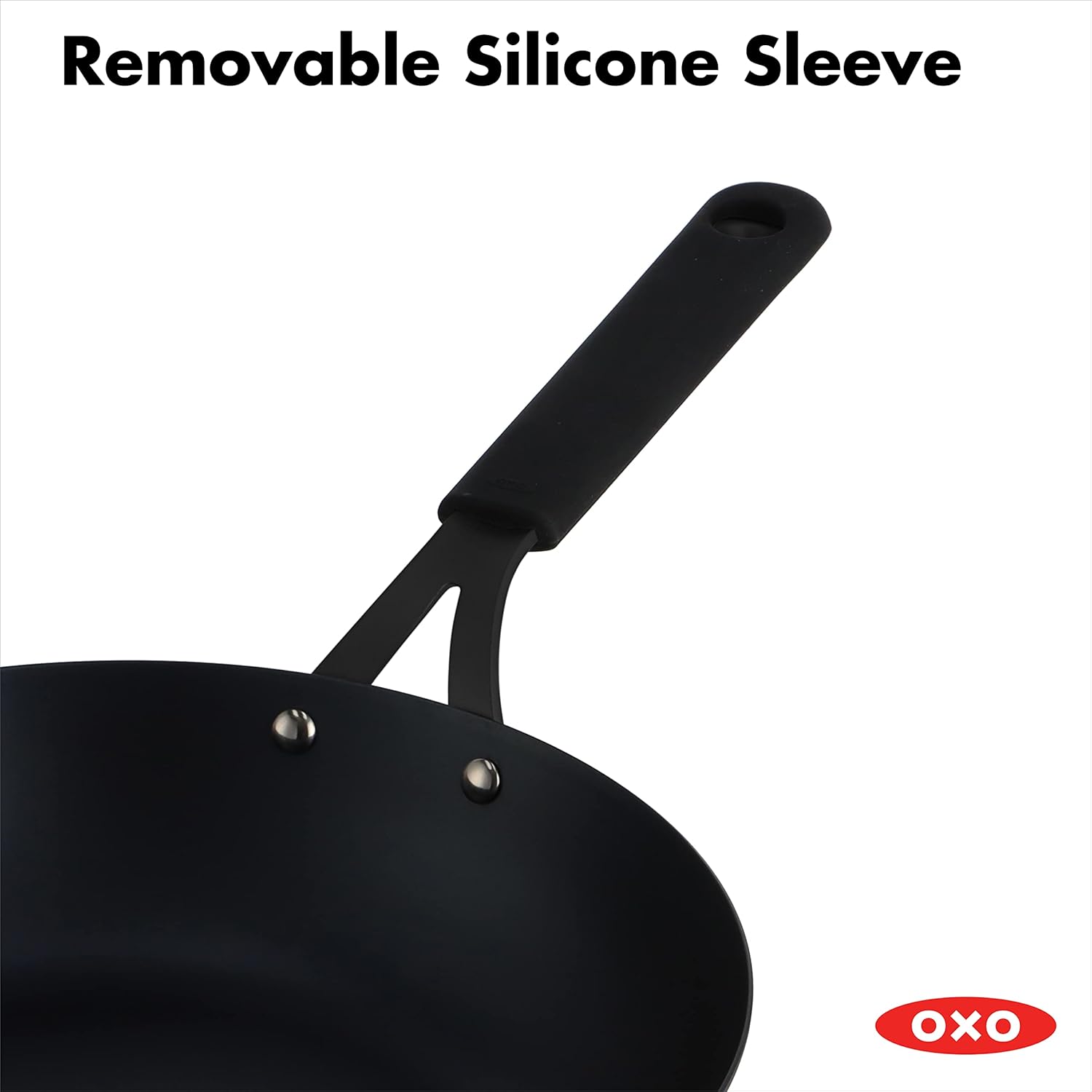 OXO Obsidian Pre-Seasoned Carbon Steel, 12" Wok Pan with Removable Silicone Handle Holder, Induction, Oven Safe, Black Pack of 2