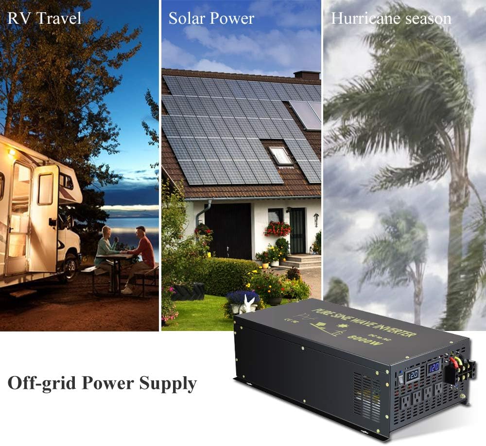 Reliable 8000W Continuous Power Heavy Duty Pure Sine Wave Power Inverter DC 48V to AC 120V with 4 AC Outlets Remote Control 66A Hardwire Terminal and LED Display for RV Car Solar System Emergency