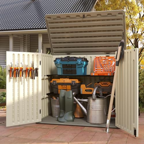 Vertical Resin Storage Shed, 60 Cuft Garden Tool Sheds & Outdoor Storage, Plastic Outdoor Storage Cabinet Waterproof, 4.5 x 2.3 ft Backyard Outside Lawn Mower Storage Shed, White