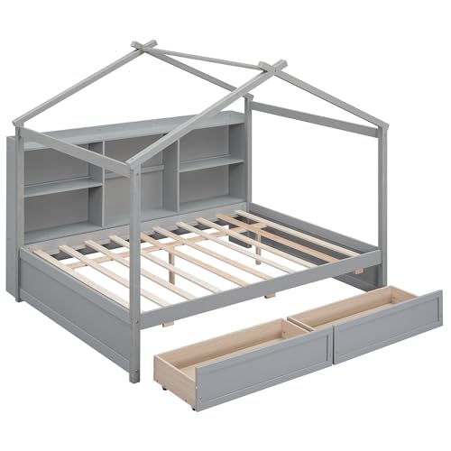 Full Size House Bed with Twin Size Trundle and Storage, Montessori Bed Wood Playhouse Bed Frame,Wooden Kids Bed Frame with Roof Design (White/Full Size House Bed-002)