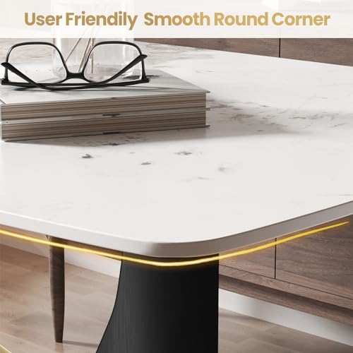 Modern Rectangle Marble Dining Table,63" White Marble Sintered Stone Top Dining Table,Rectangle Dining Room Table with Unique U-Shape Black Carbon Steel Pedestal for Kitchen/Living Room(Table Only)