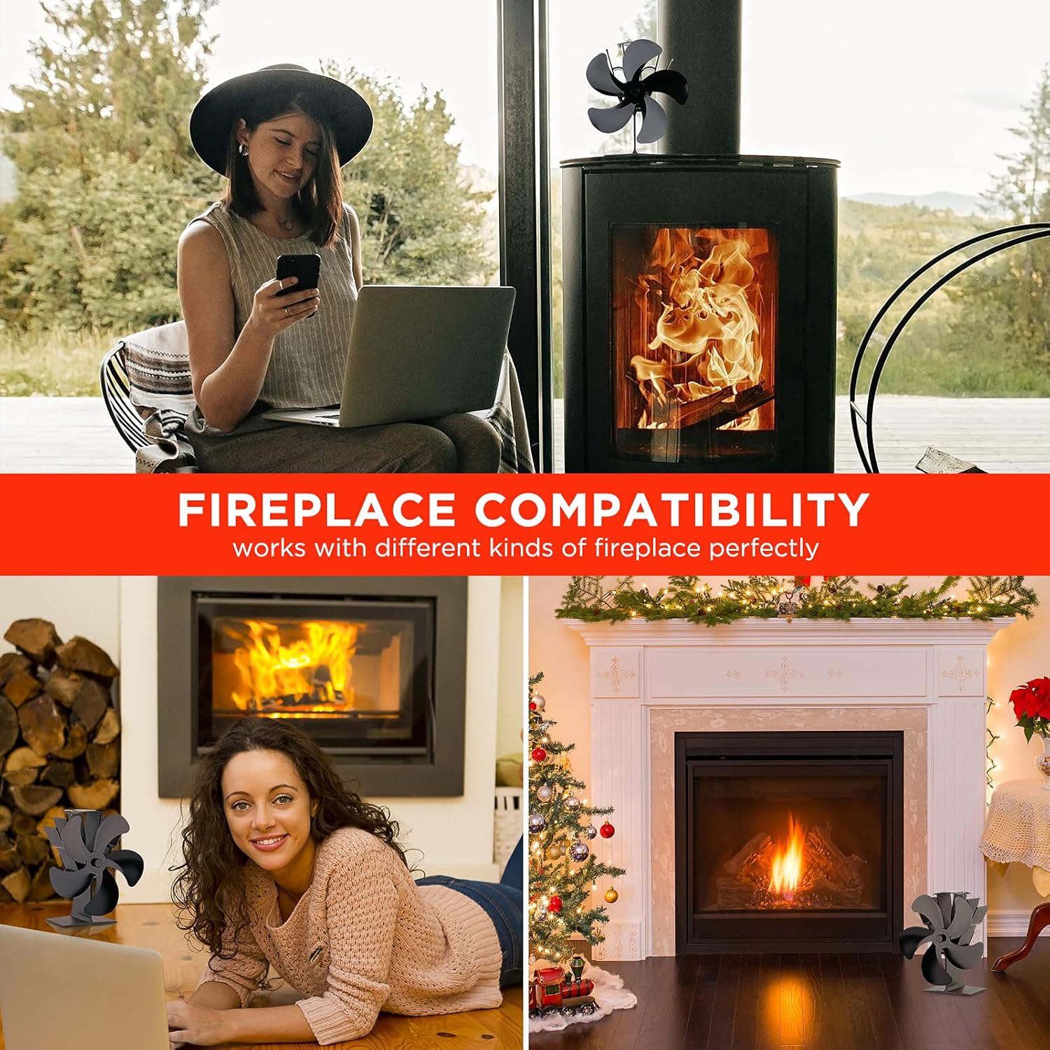 Heat Powered Stove Fan, SPBPQY Fireplace fan with Designed Silent Operation, Circulating Warm Air Saving Fuel Efficiently, for Wood/Log Burner/Fireplace, 5-Blade Pack of 2