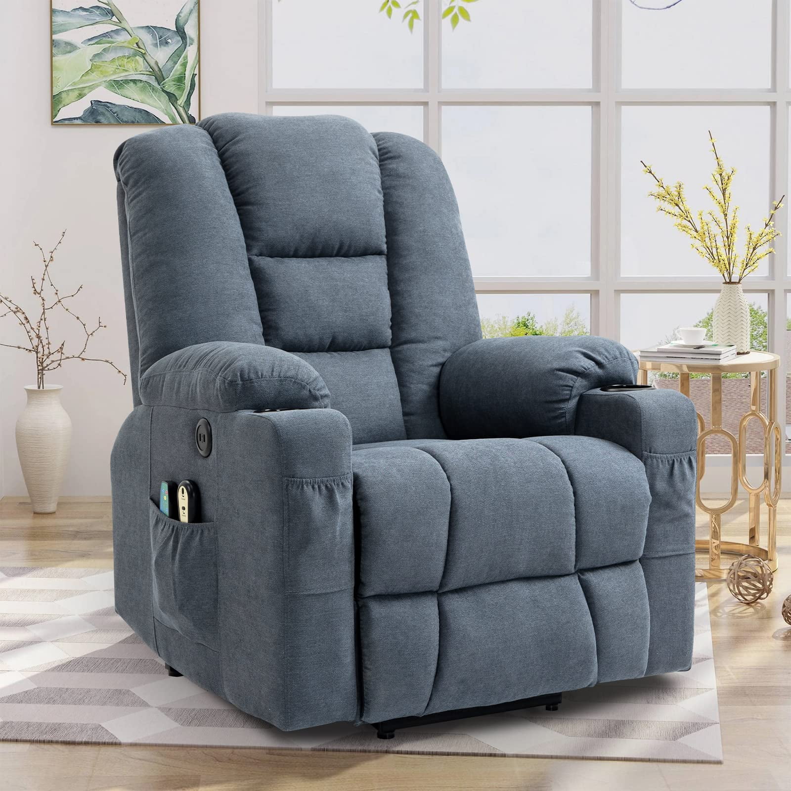 W WARMHOL Electric Power Lift Recliner Chair with Heat and Massage Lift Recliner for Elderly, Single Sofa recliners for Living Room with Cup Holders, 4 Pockets, USB Ports, Soft Fabric (Gray-Blue)