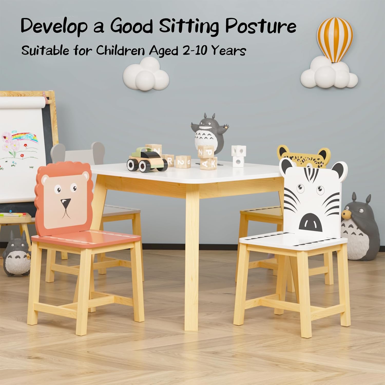 Wooden Children's Table and Four Chairs, Toddle Tables and Chairs Suitable for Children Aged 2-10