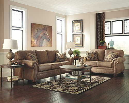 Signature Design by Ashley Olsberg Faux Leather Sofa with Nailhead Trim and 4 Accent Pillows, Gray & Olsberg Faux Leather Manual Rocker Recliner with Nailhead Trim, Gray