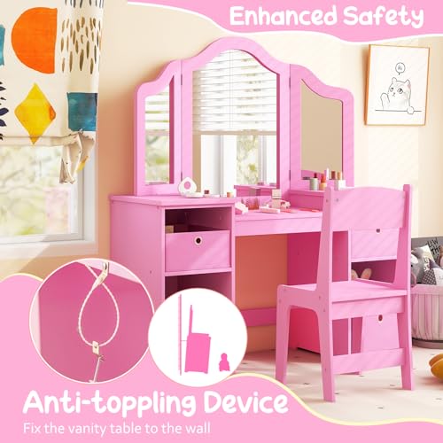 Costzon Kids Vanity, 2 in 1 Princess Makeup Desk Dressing Table with Detachable Top, Toddler Vanity with Tri-fold Mirror & Storage Shelves, Pretend Play Vanity for Little Girls, White